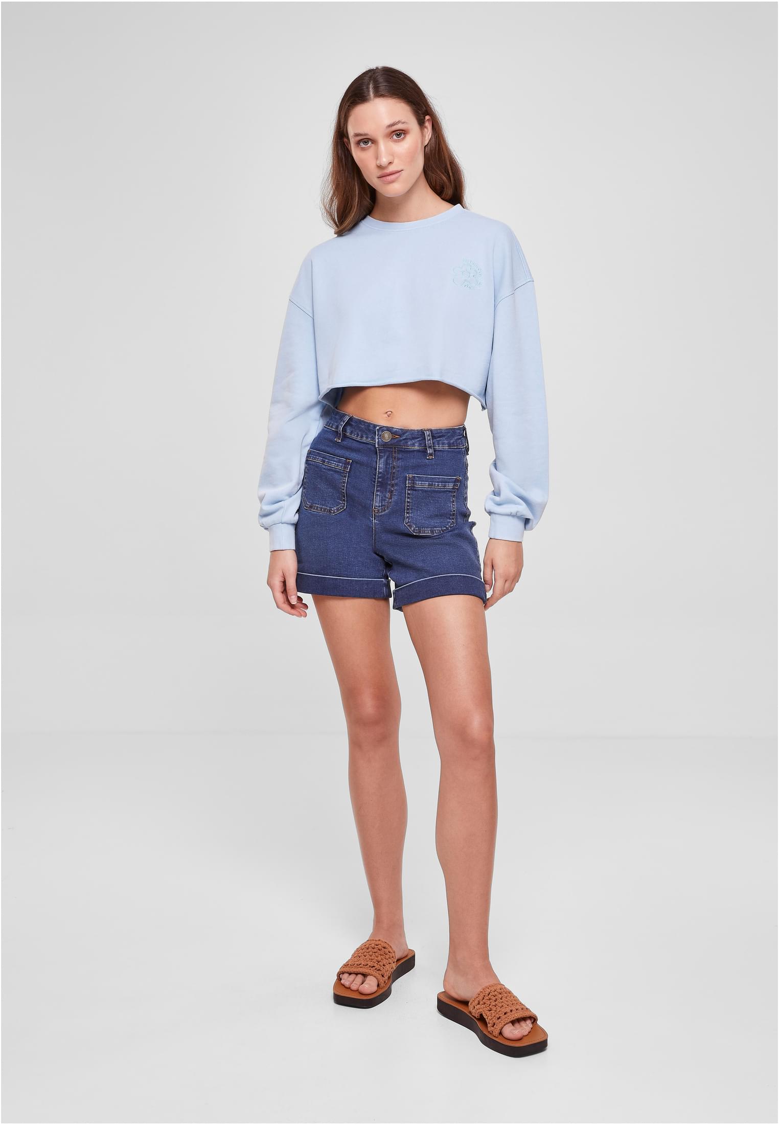 Ladies Cropped Flower Embroidery Terry Crewneck balticblue 3XL - variant image 4