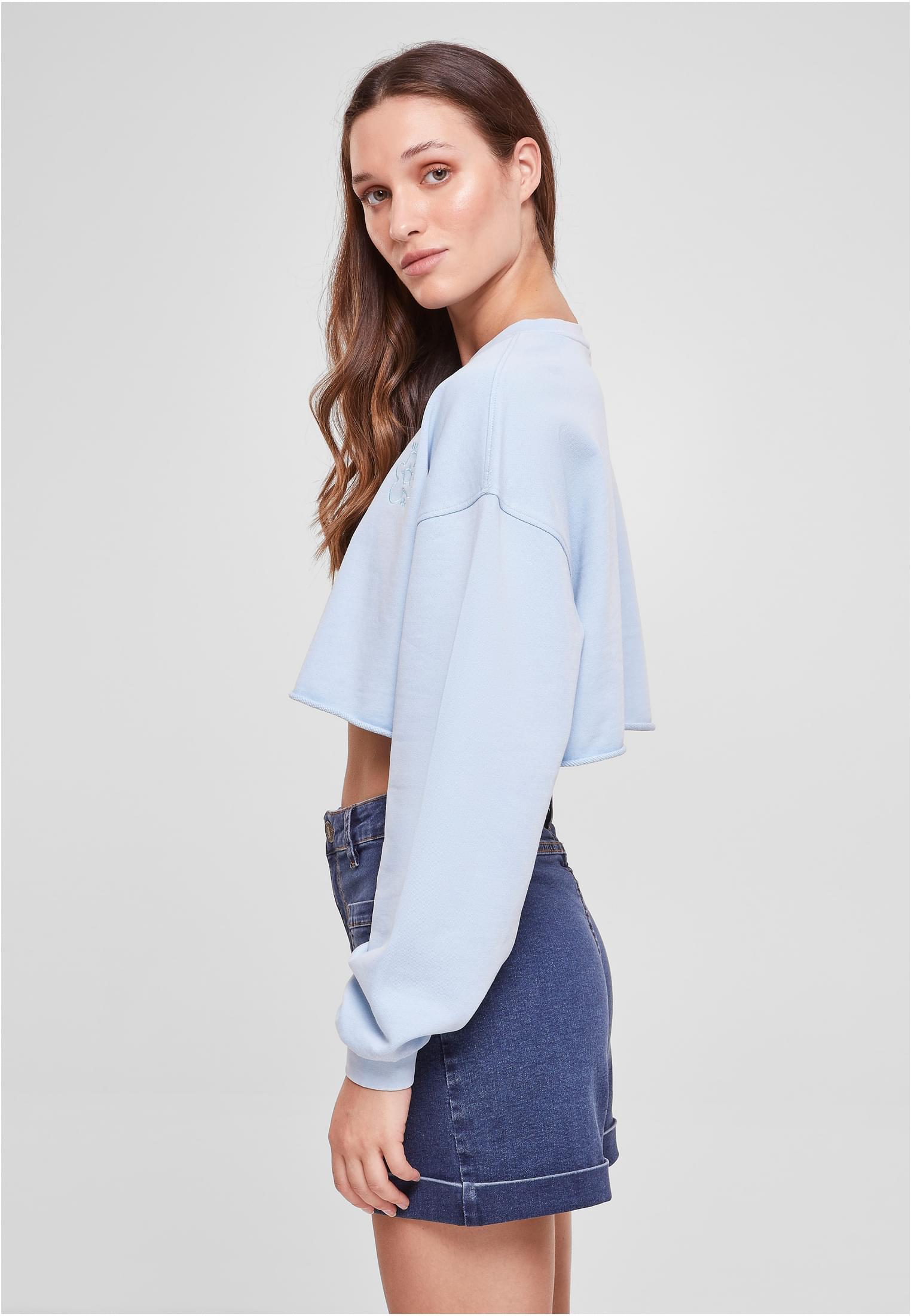 Ladies Cropped Flower Embroidery Terry Crewneck balticblue 3XL - variant image 1