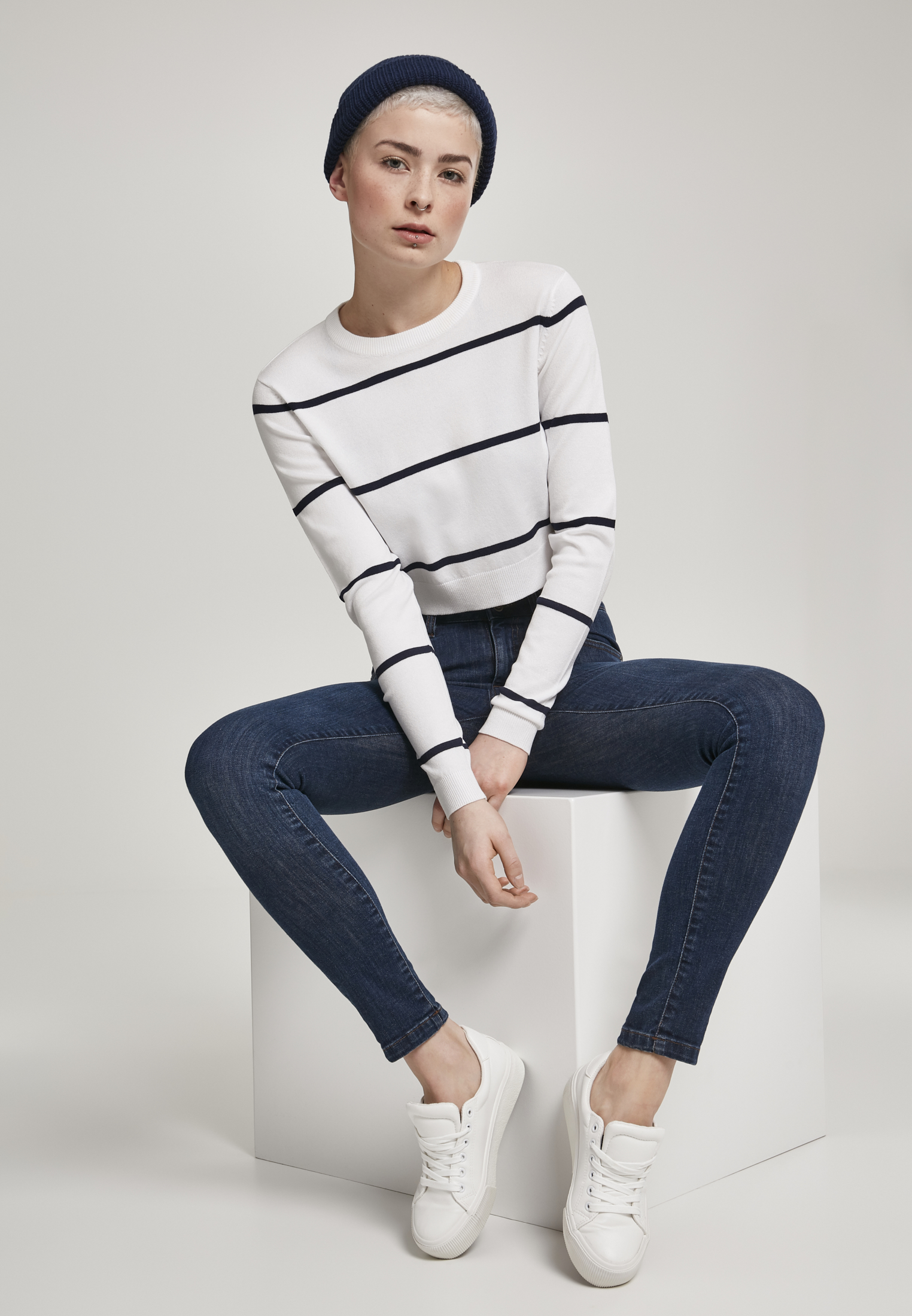 Ladies Short Striped Sweater white/navy L - variant image 4
