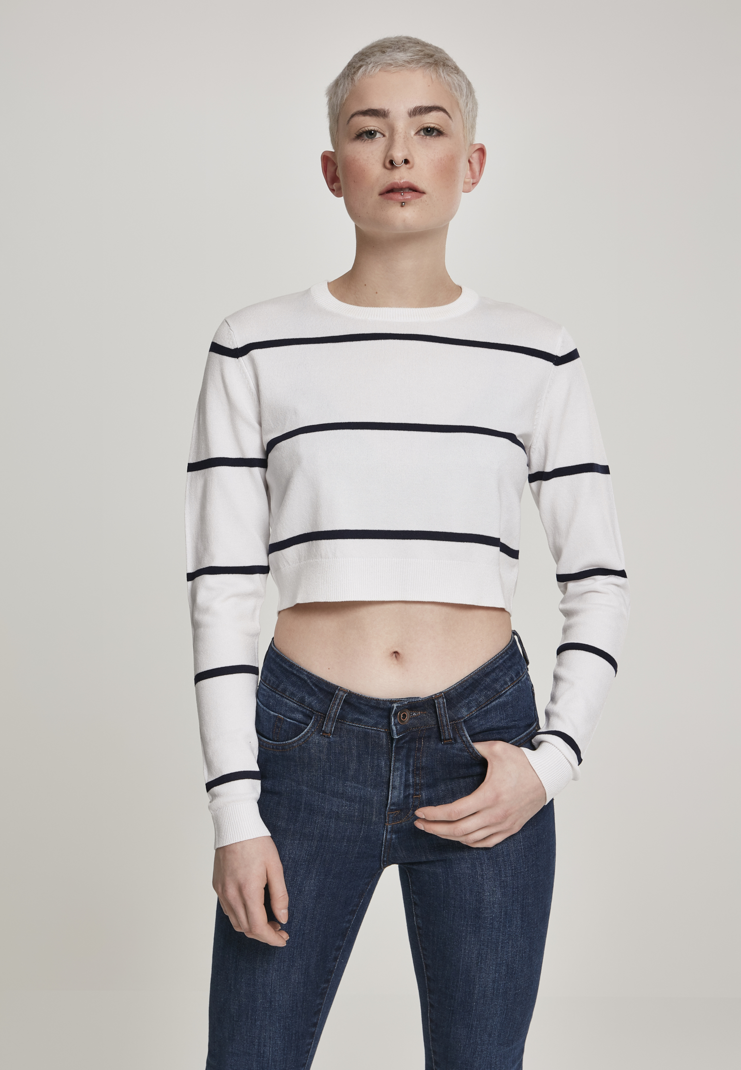 Ladies Short Striped Sweater white/navy L - variant image 7