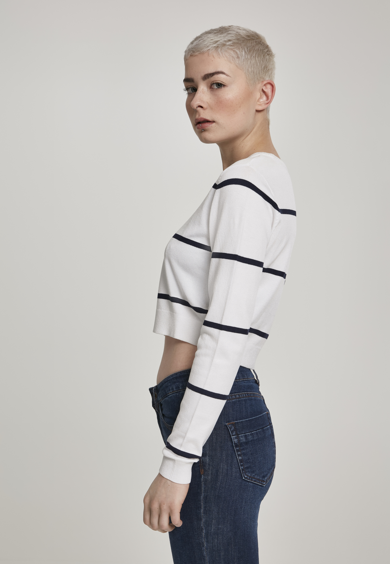 Ladies Short Striped Sweater white/navy L - variant image 1