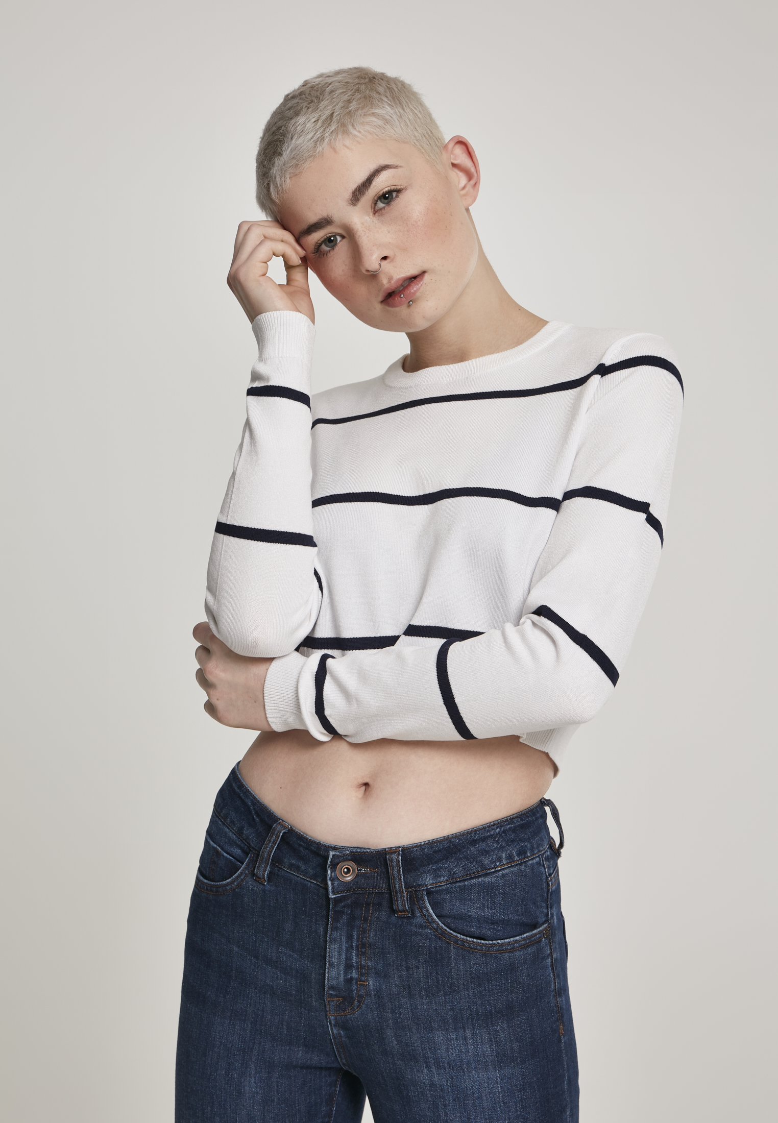 Ladies Short Striped Sweater white/navy L - alternate variant 1