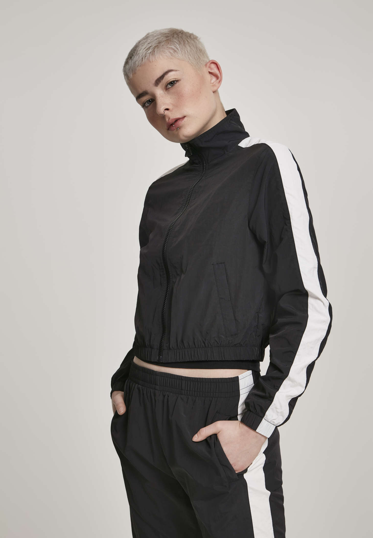Ladies Short Striped Crinkle Track Jacket blk/wht L - variant image 7