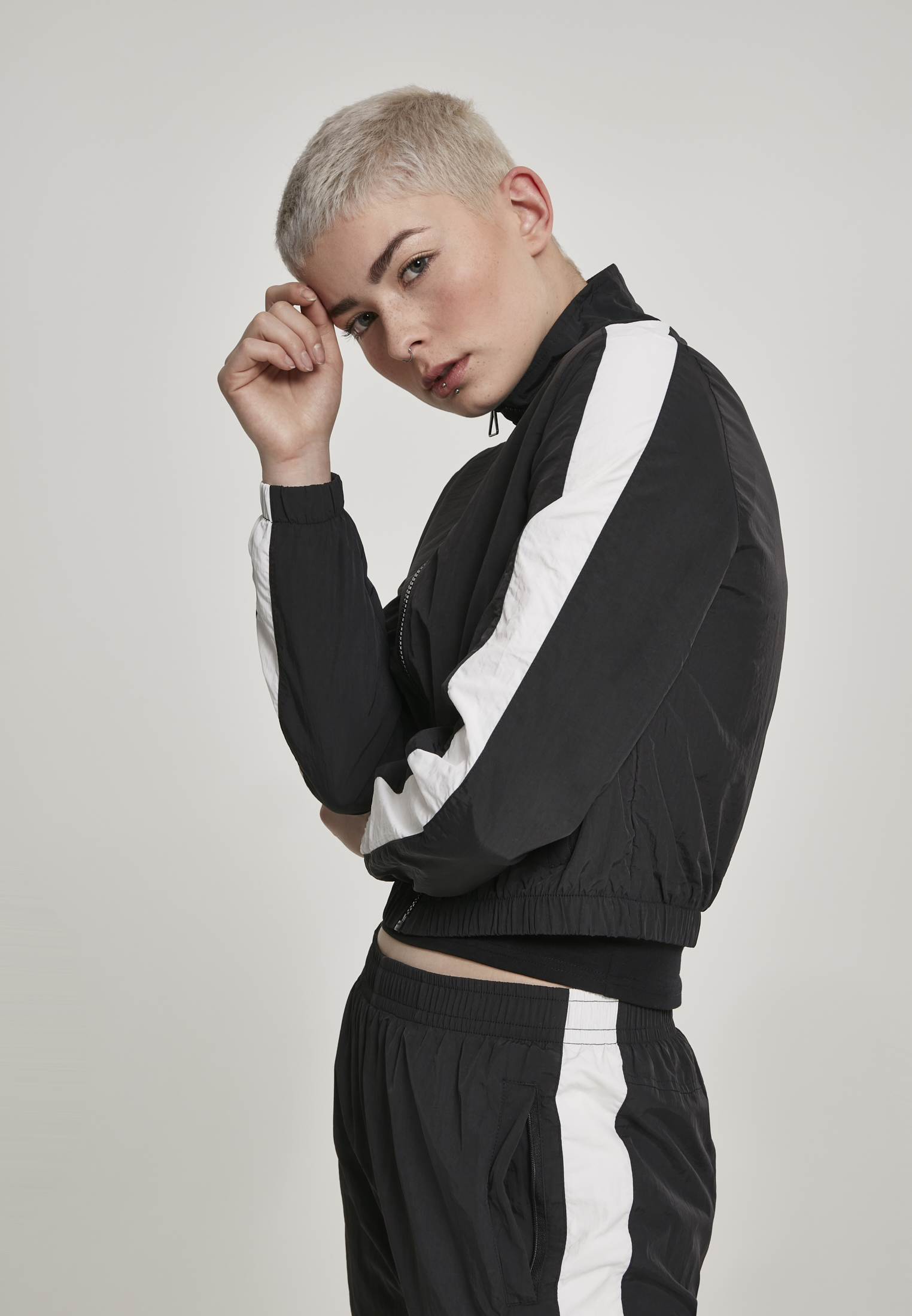 Ladies Short Striped Crinkle Track Jacket blk/wht L - alternate variant 1