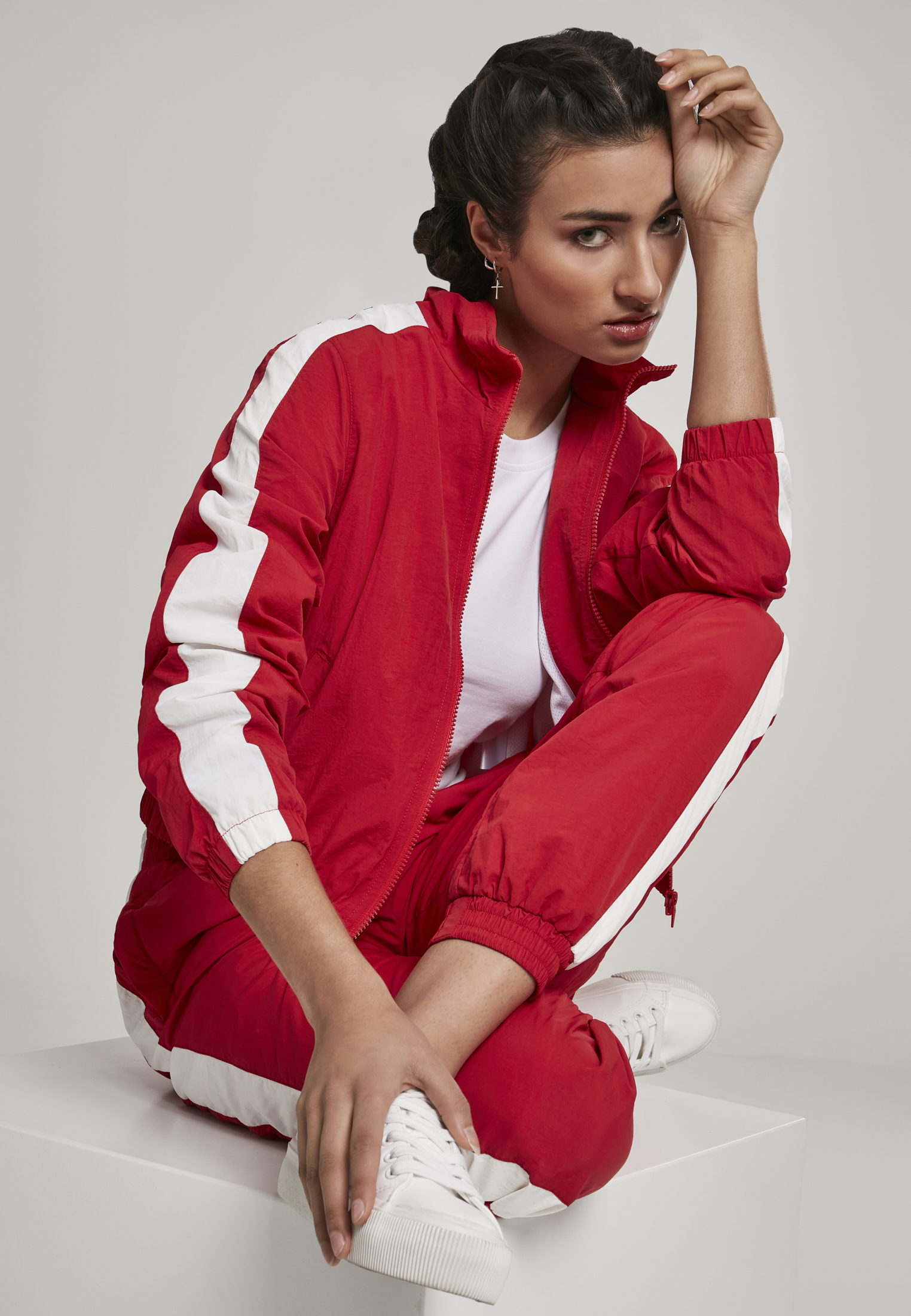 Ladies Short Striped Crinkle Track Jacket red/wht L - variant image 8