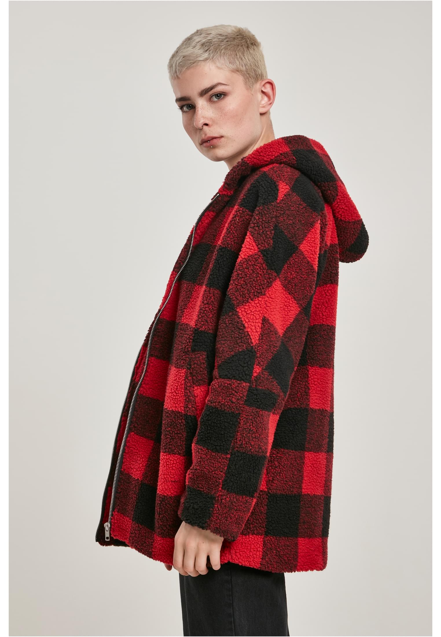 Ladies Hooded Oversized Check Sherpa Jacket firered/blk 3XL - variant image 1