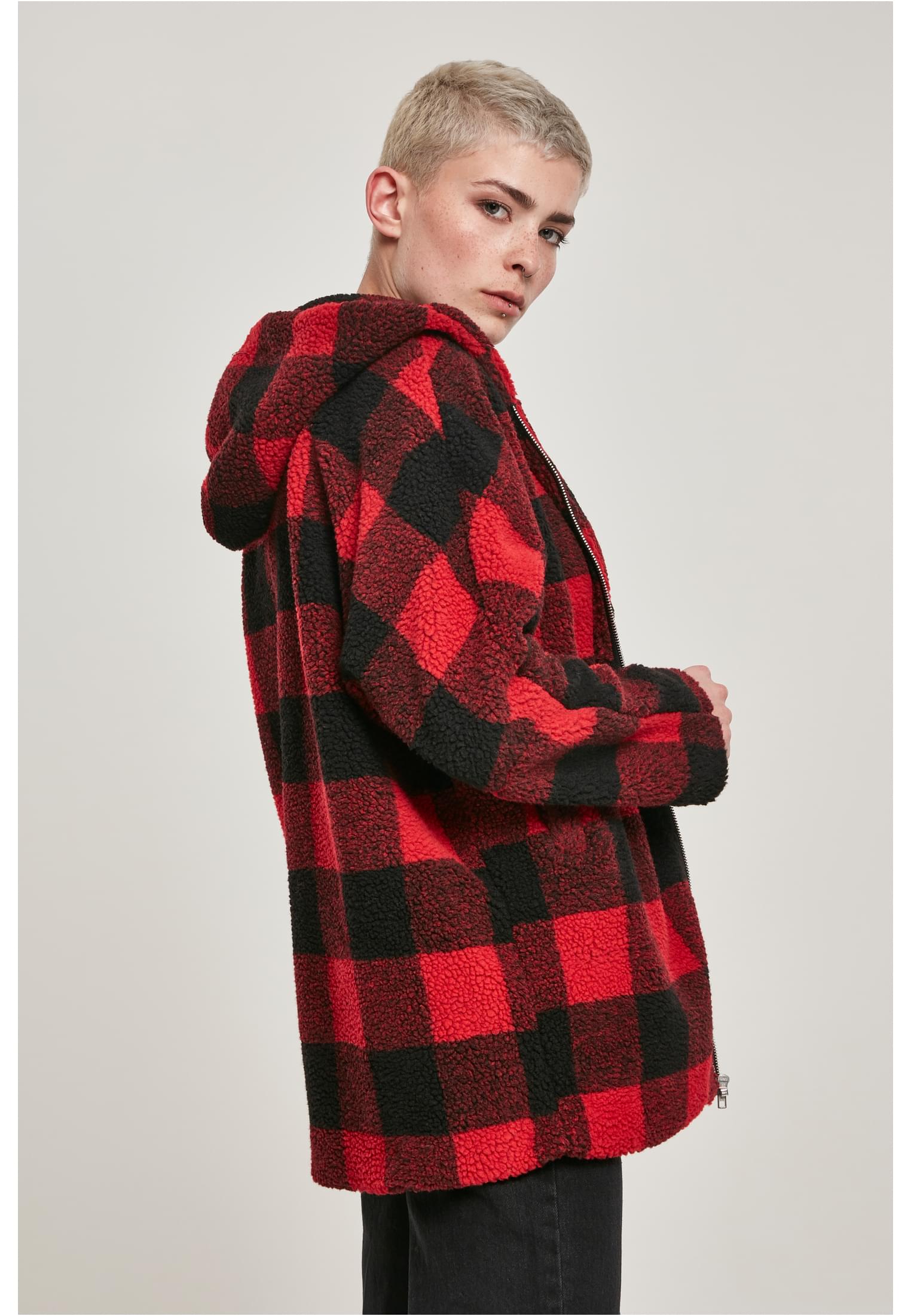 Ladies Hooded Oversized Check Sherpa Jacket firered/blk 3XL - variant image 3