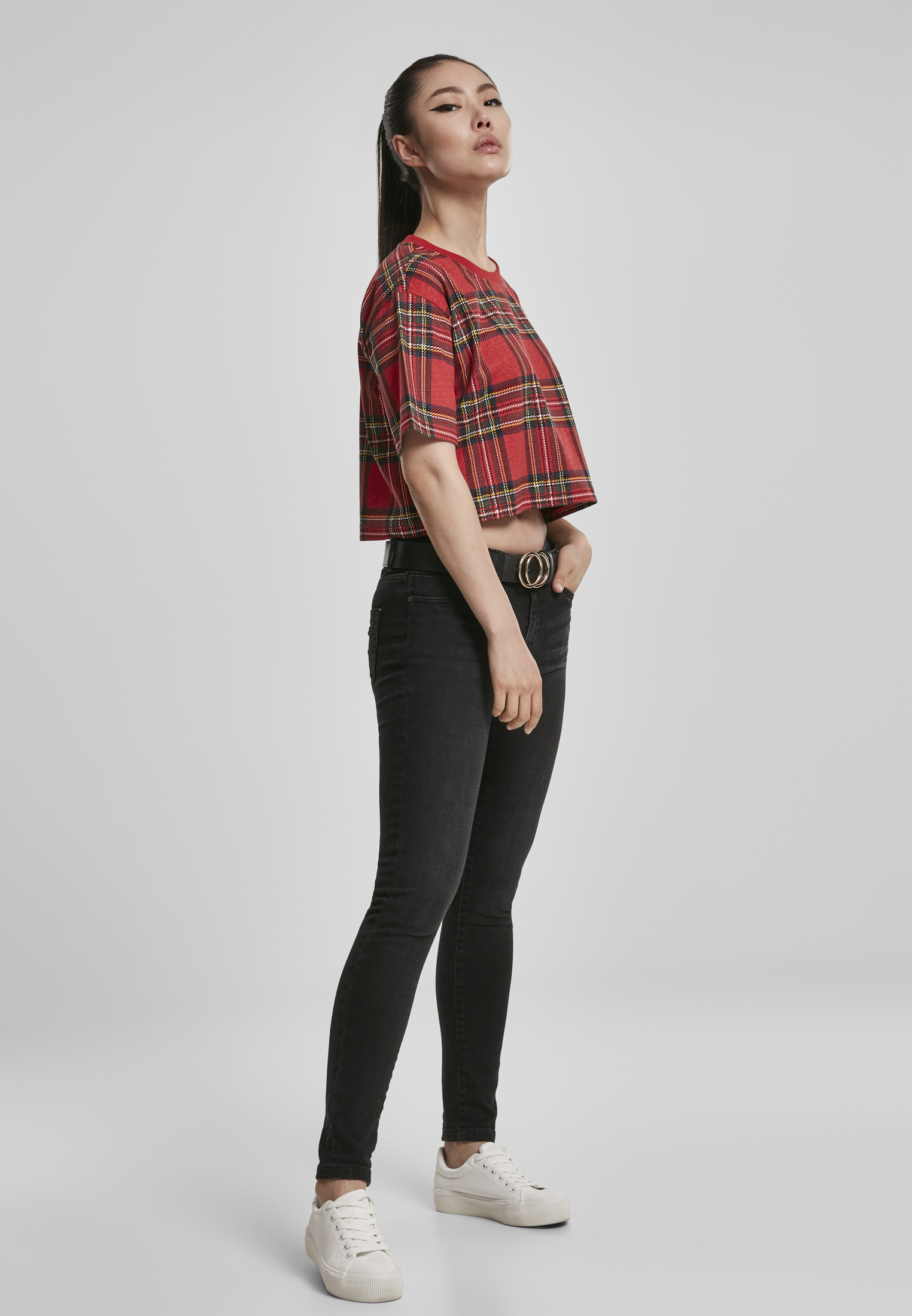 Femmes Coupe Chemane Tartan T-shirt Long Oversize rouge/noir L
 - variant image 4