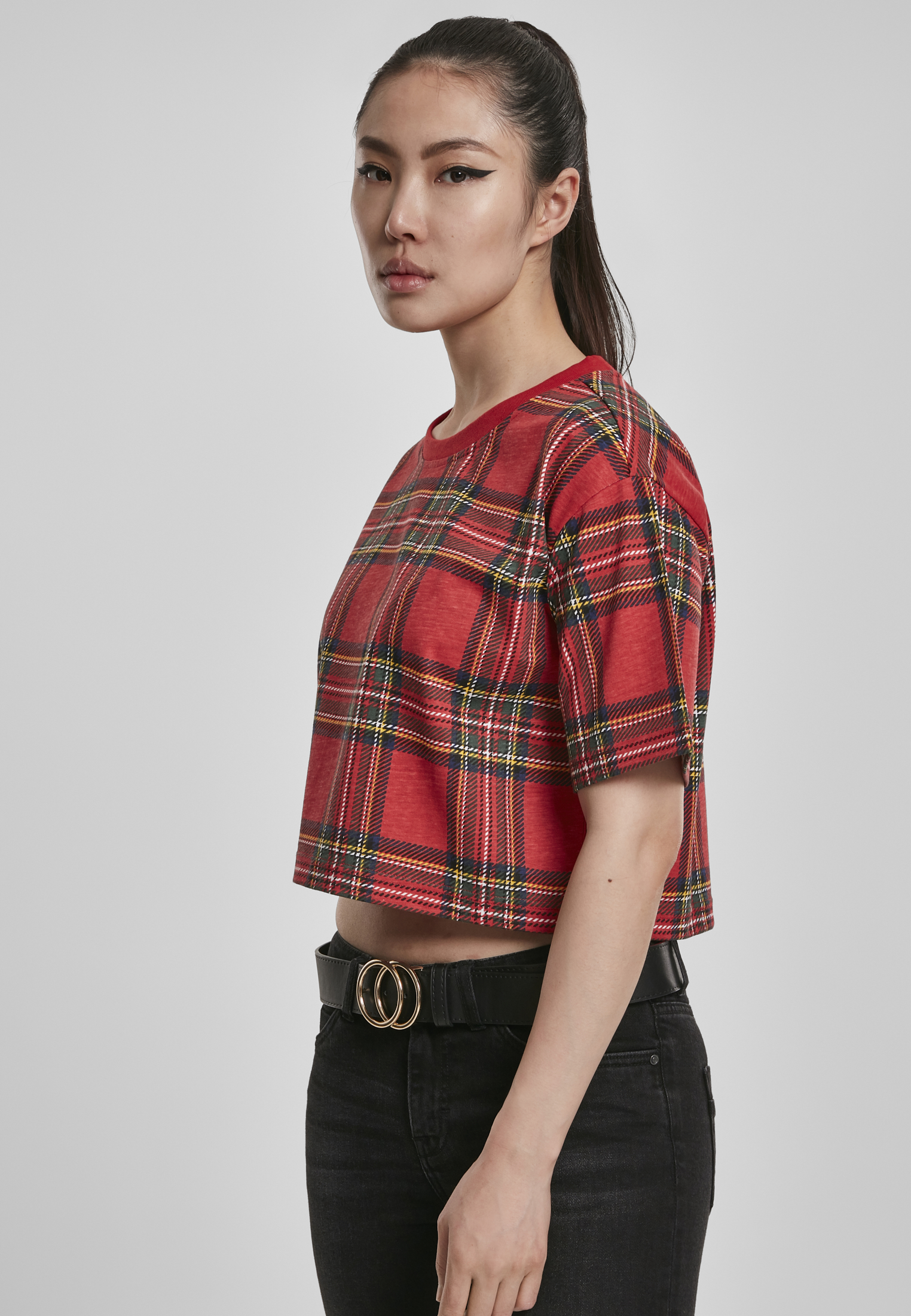 Femmes Coupe Chemane Tartan T-shirt Long Oversize rouge/noir L
 - variant image 1