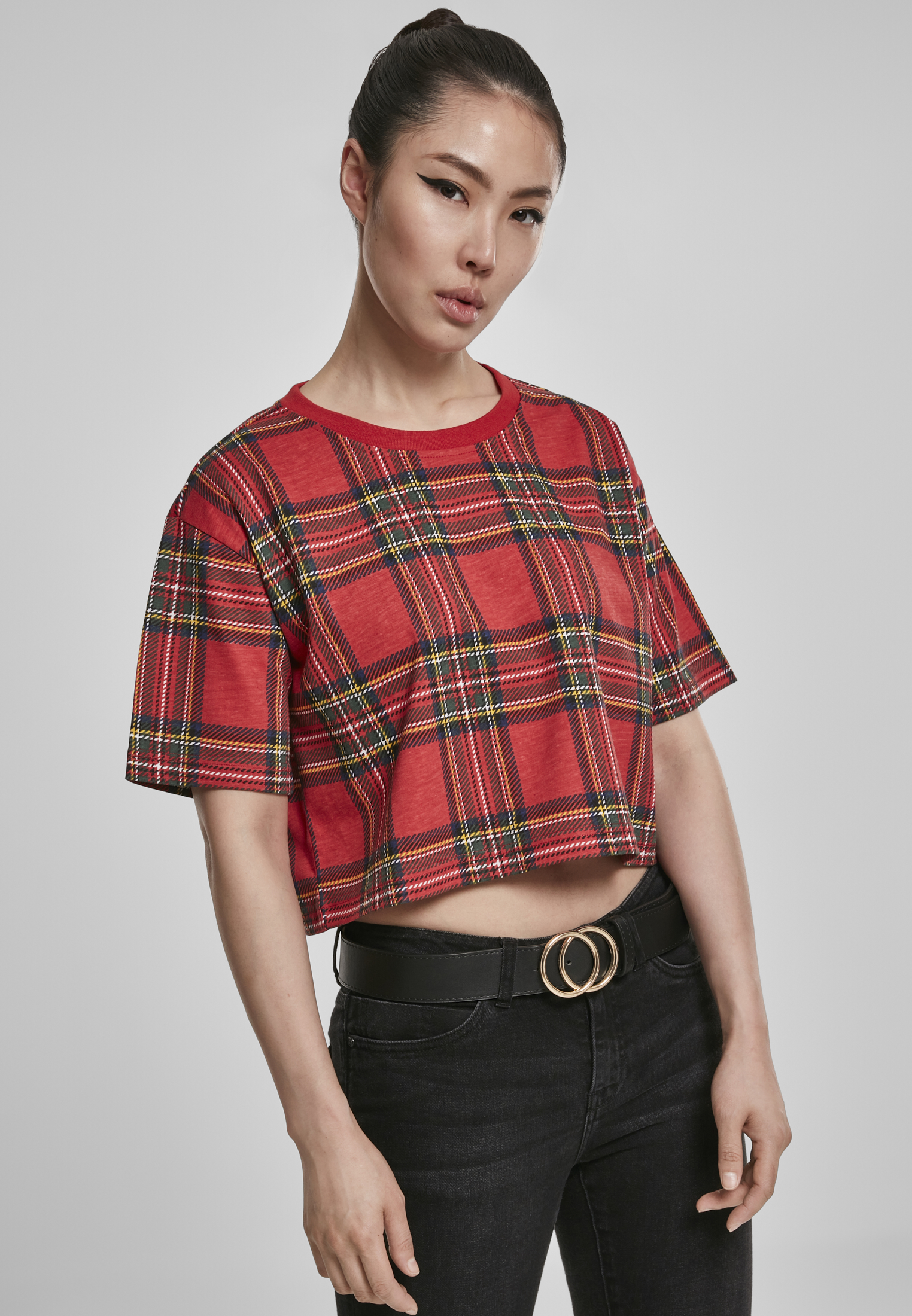 Femmes Coupe Chemane Tartan T-shirt Long Oversize rouge/noir L
 - alternate variant 1